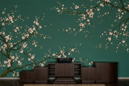 Cherry Blossom Branches Wallpaper Deep Green Wall Mural