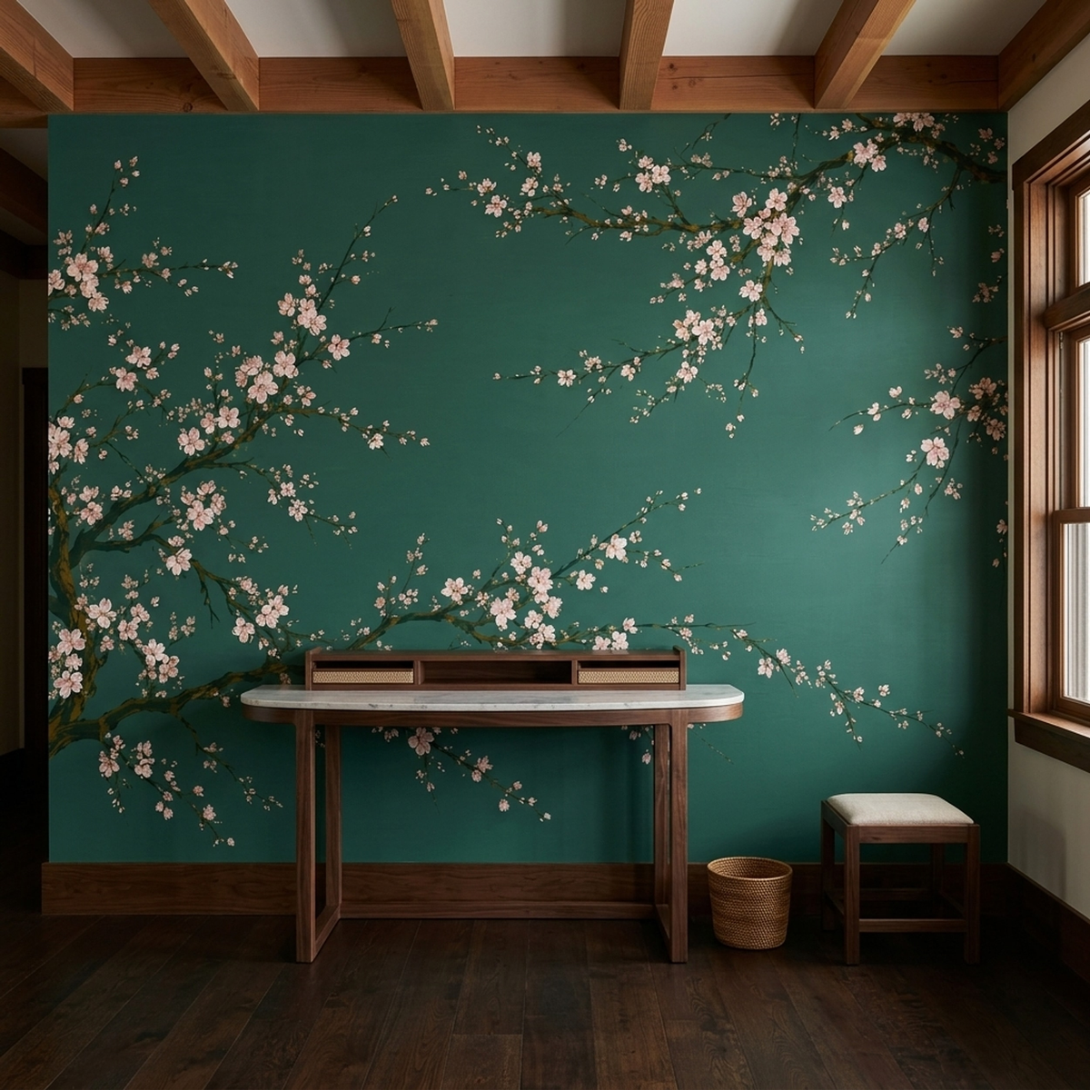 Cherry Blossom Branches Wallpaper Deep Green Wall Mural