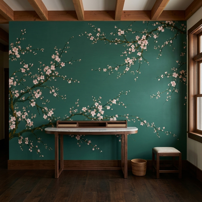 Cherry Blossom Branches Wallpaper Deep Green Wall Mural