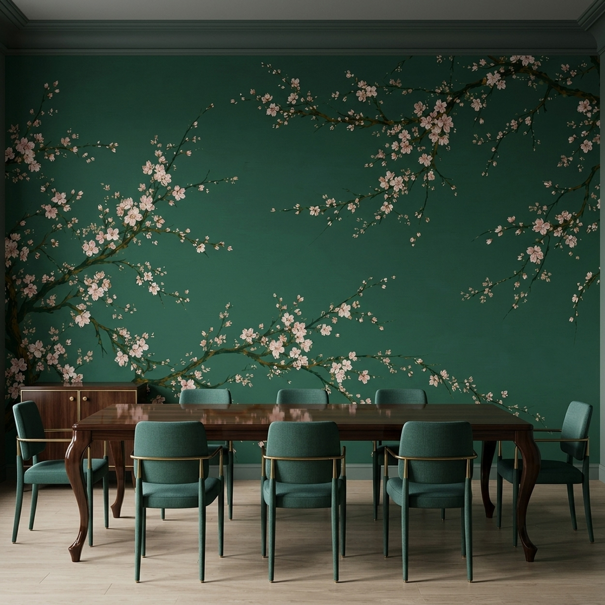 Cherry Blossom Branches Wallpaper Deep Green Wall Mural