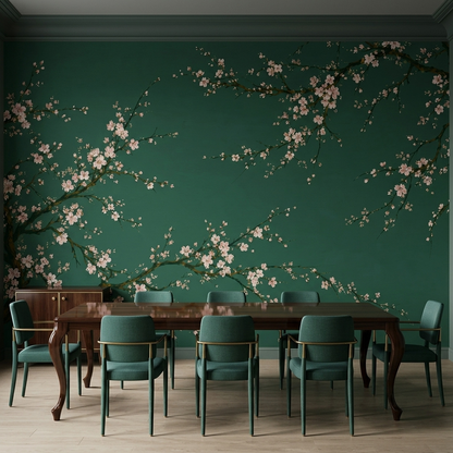 Cherry Blossom Branches Wallpaper Deep Green Wall Mural