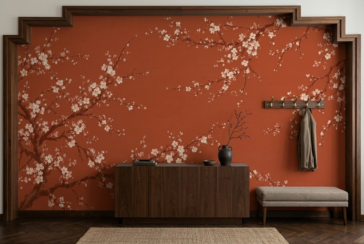 Terracotta Cherry Blossom Wall Mural with Japanese Inspired Branches