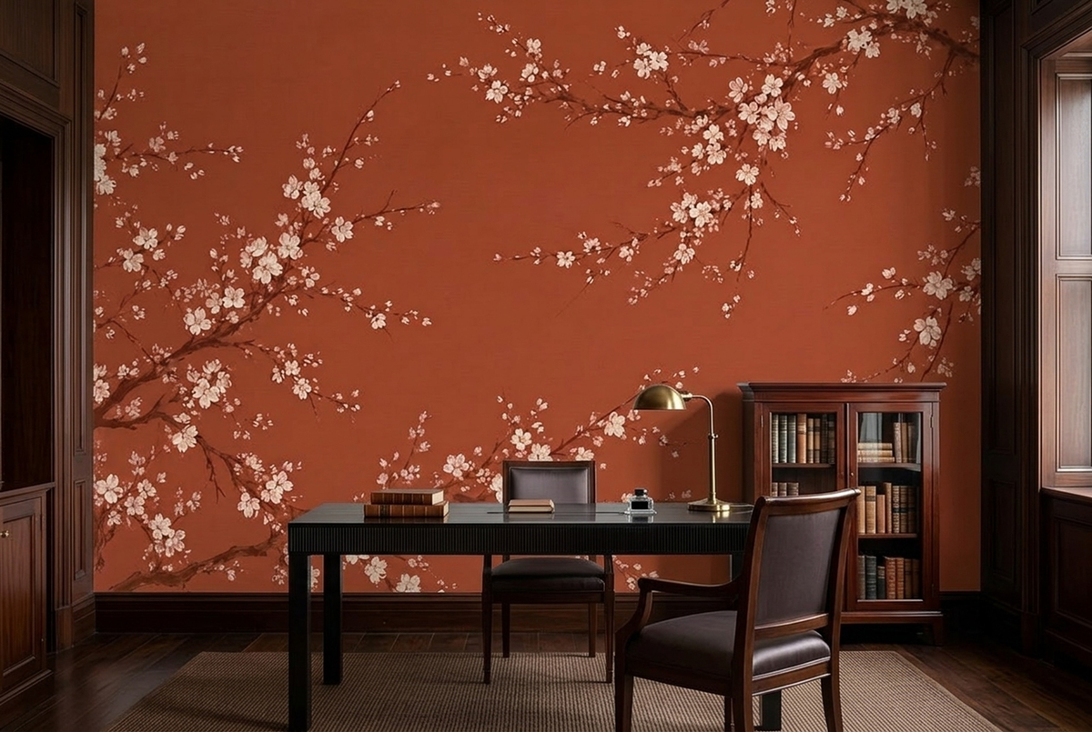 Terracotta Cherry Blossom Wall Mural with Japanese Inspired Branches