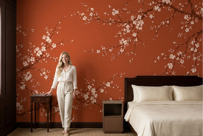 Terracotta Cherry Blossom Wall Mural with Japanese Inspired Branches