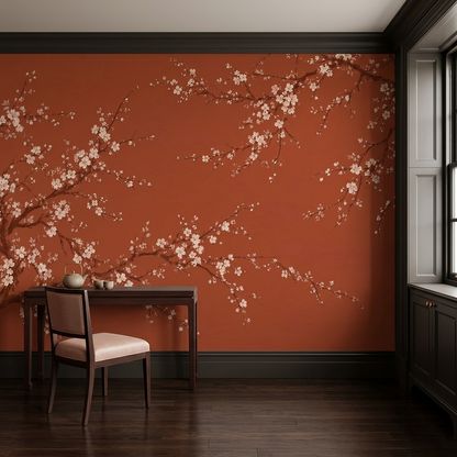 Terracotta Cherry Blossom Wall Mural with Japanese Inspired Branches
