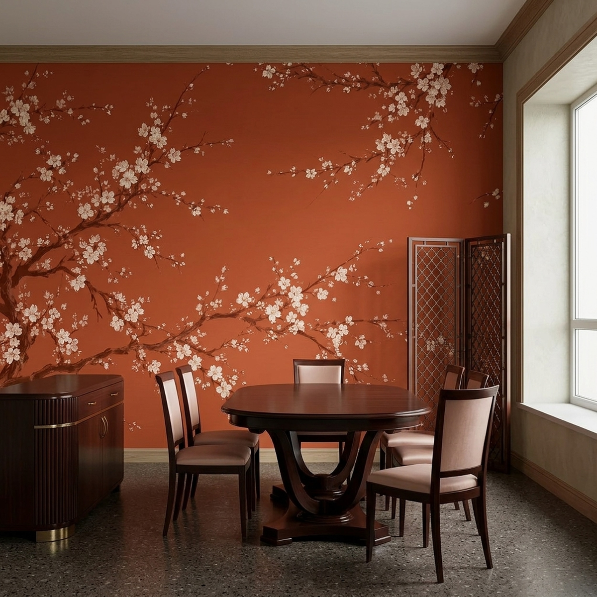 Terracotta Cherry Blossom Wall Mural with Japanese Inspired Branches