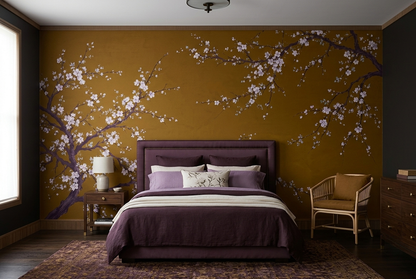 Ochre Cherry Blossom Wall Mural with Plum Branches and Ivory Flowers