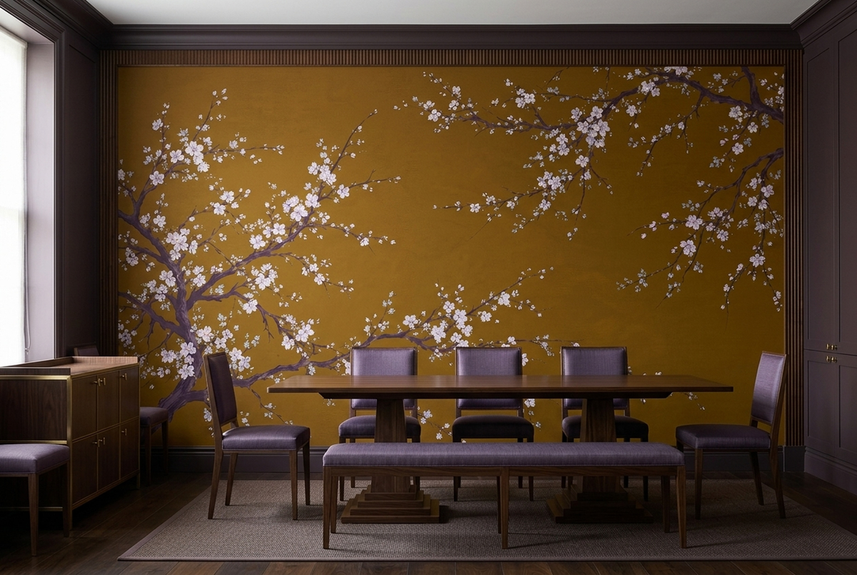 Ochre Cherry Blossom Wall Mural with Plum Branches and Ivory Flowers