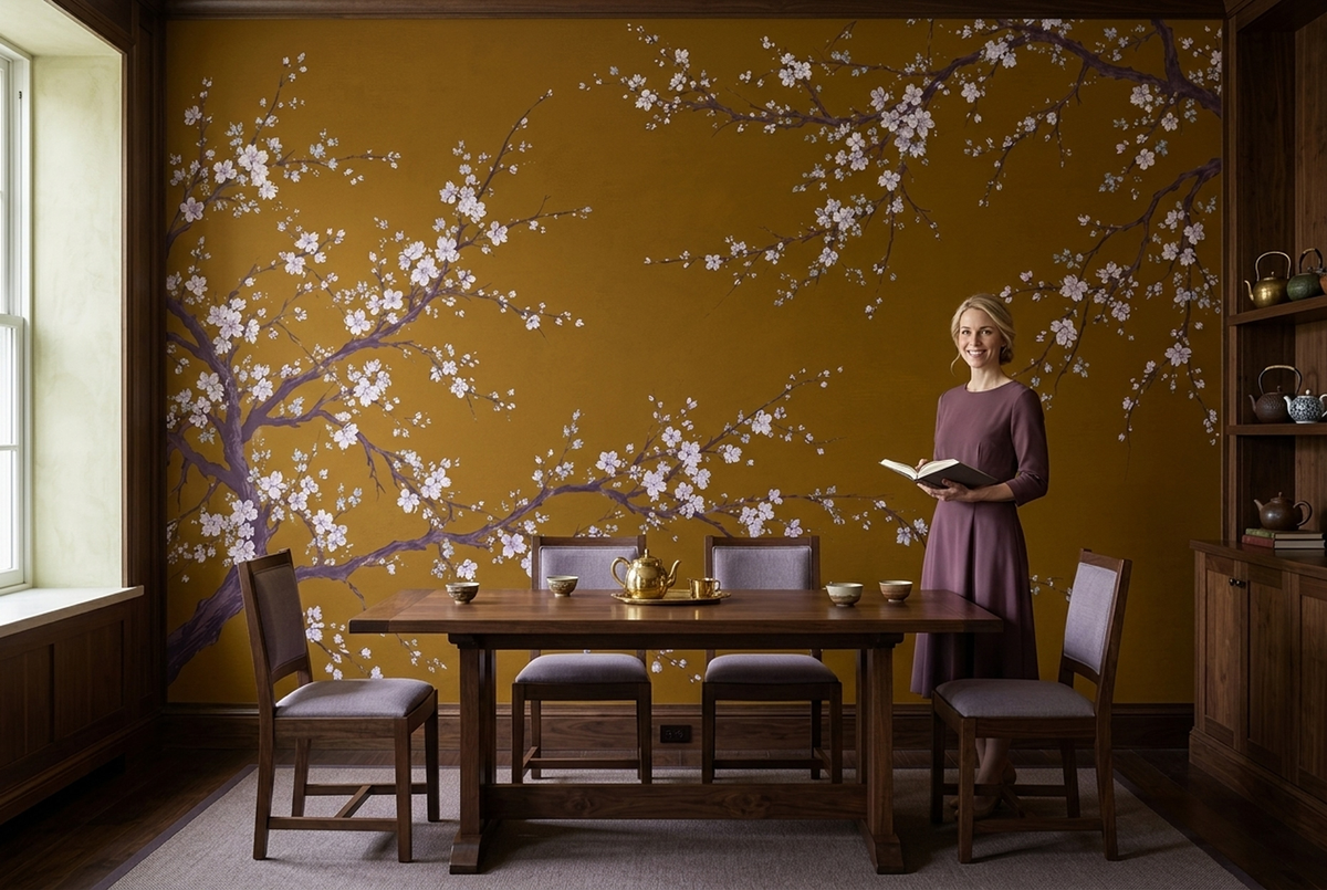 Ochre Cherry Blossom Wall Mural with Plum Branches and Ivory Flowers