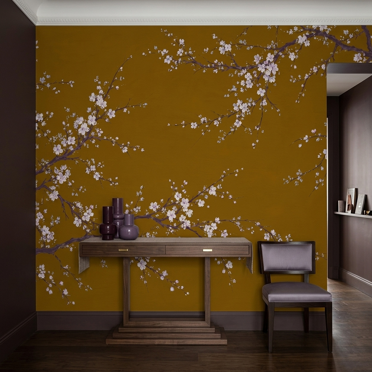 Ochre Cherry Blossom Wall Mural with Plum Branches and Ivory Flowers