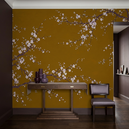 Ochre Cherry Blossom Wall Mural with Plum Branches and Ivory Flowers