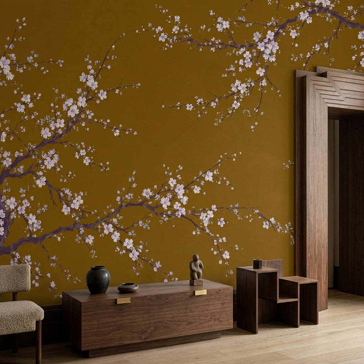 Ochre Cherry Blossom Wall Mural with Plum Branches and Ivory Flowers