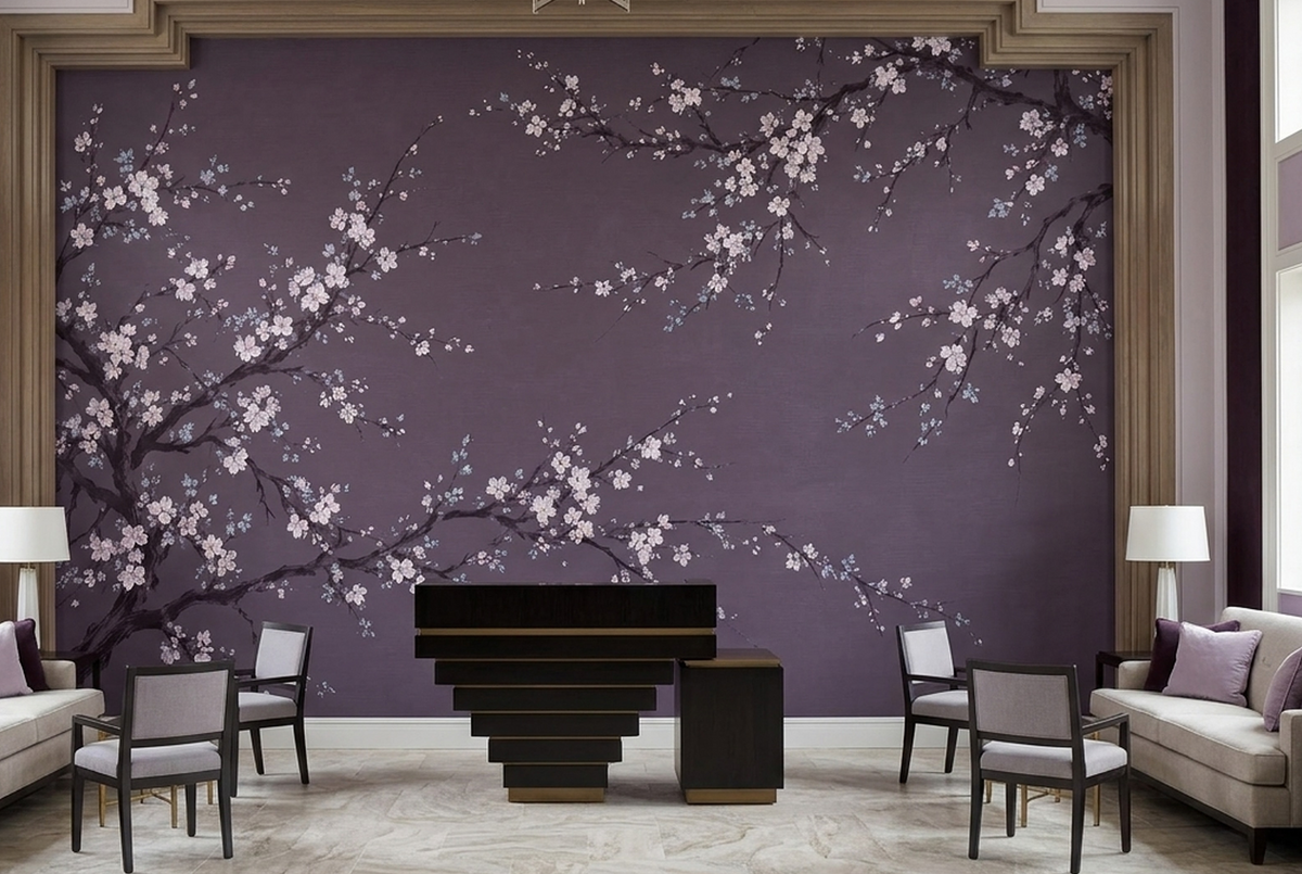 Blossoming Tree Branches Wallpaper Lavender Gray Floral Wall Mural