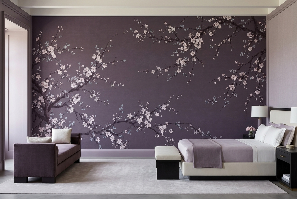 Blossoming Tree Branches Wallpaper Lavender Gray Floral Wall Mural