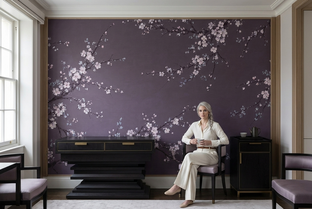 Blossoming Tree Branches Wallpaper Lavender Gray Floral Wall Mural