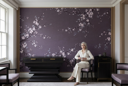 Blossoming Tree Branches Wallpaper Lavender Gray Floral Wall Mural