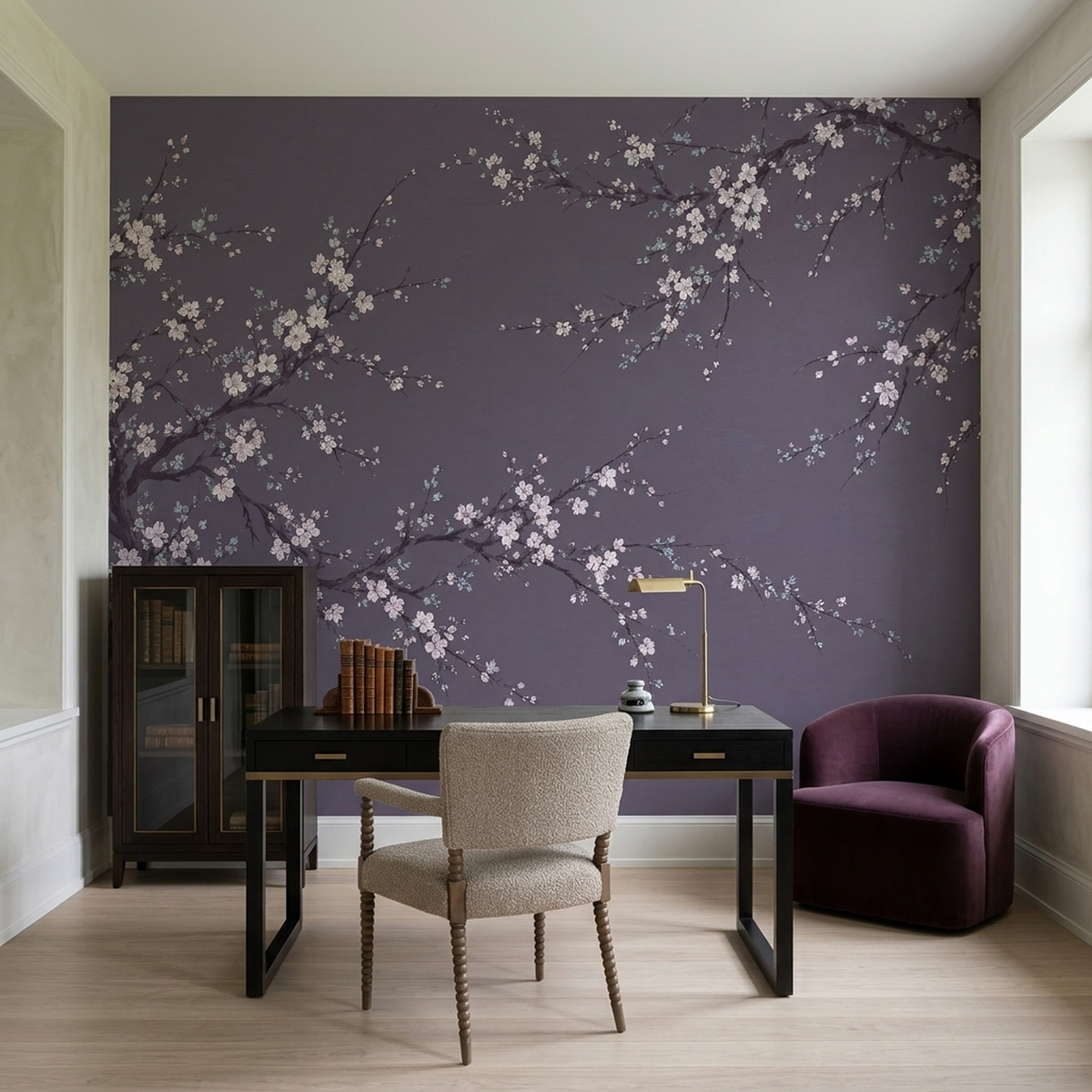Blossoming Tree Branches Wallpaper Lavender Gray Floral Wall Mural