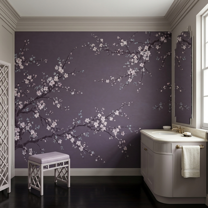 Blossoming Tree Branches Wallpaper Lavender Gray Floral Wall Mural