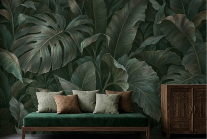 Dark Green Tropical Leaf Wall Mural with Oversized Monstera Foliage