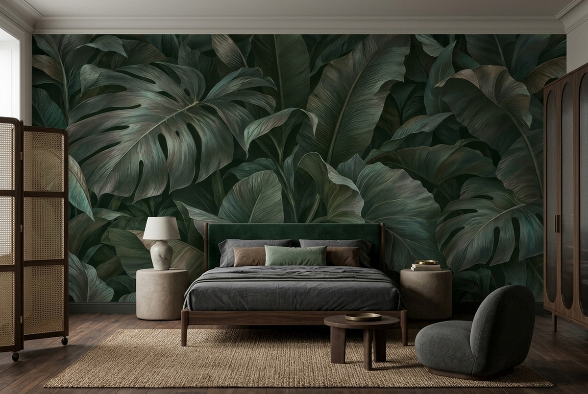 Dark Green Tropical Leaf Wall Mural with Oversized Monstera Foliage