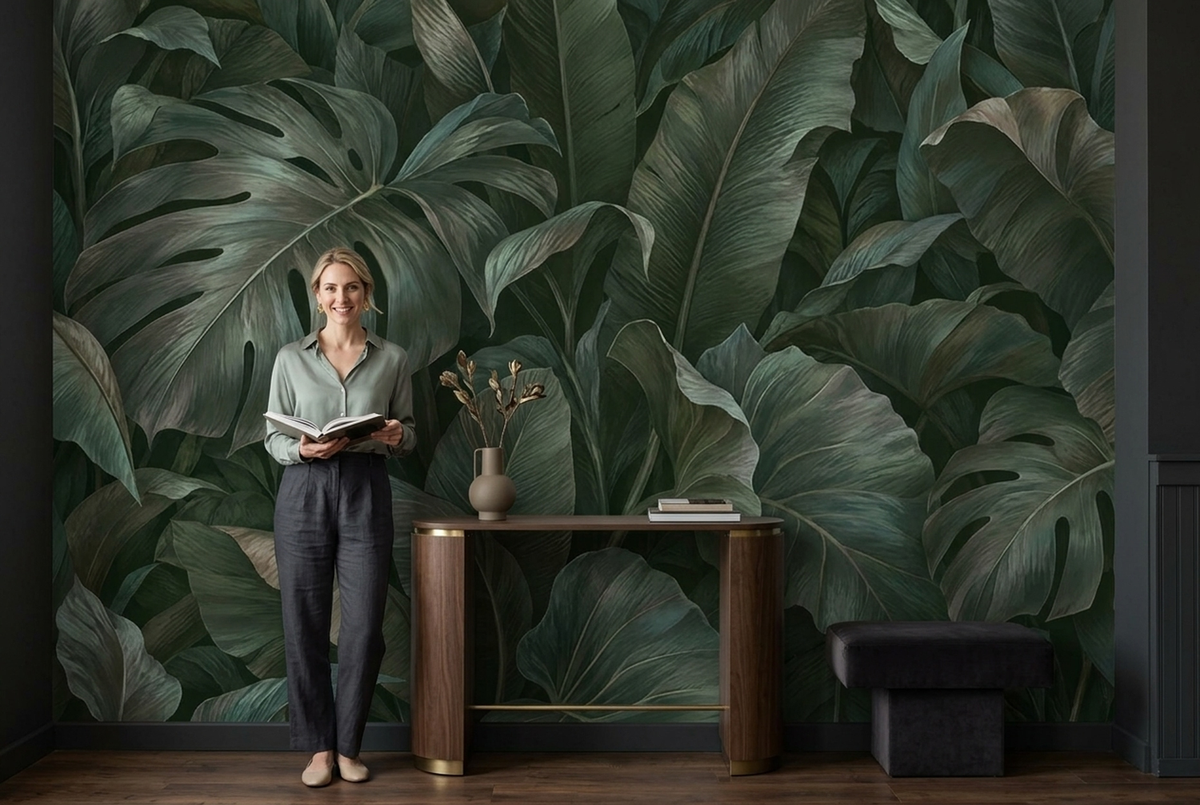 Dark Green Tropical Leaf Wall Mural with Oversized Monstera Foliage