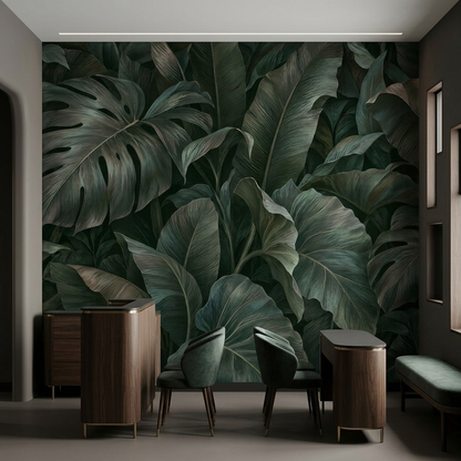 Dark Green Tropical Leaf Wall Mural with Oversized Monstera Foliage
