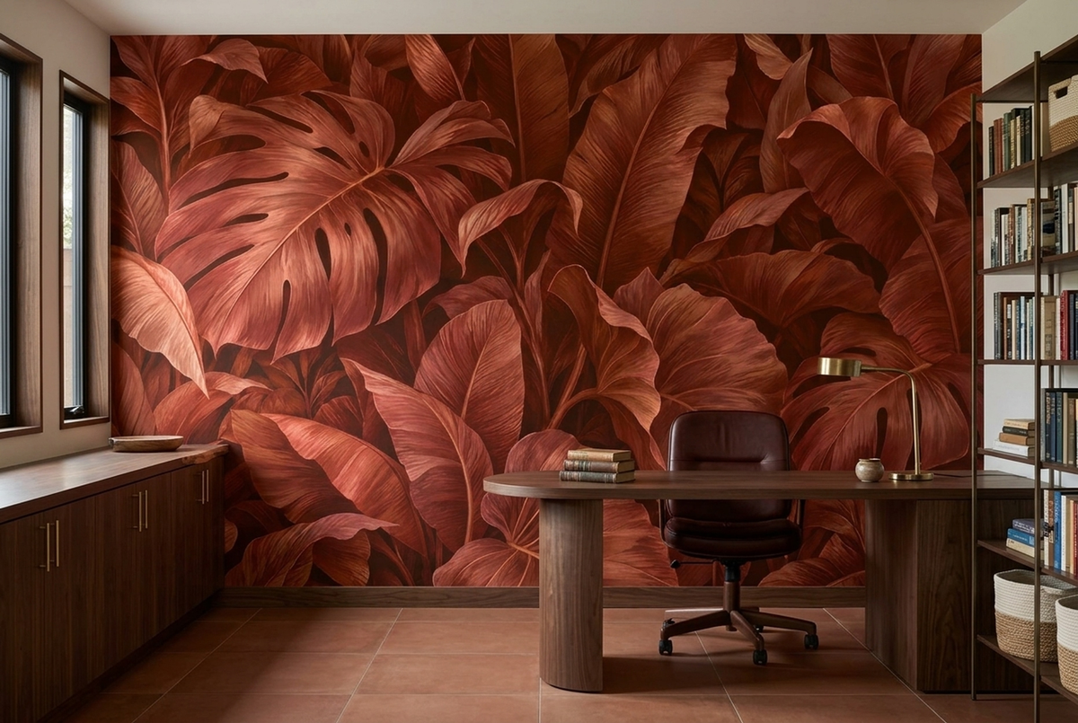 Monstera And Banana Leaves Wallpaper Warm Terracotta Wall Mural