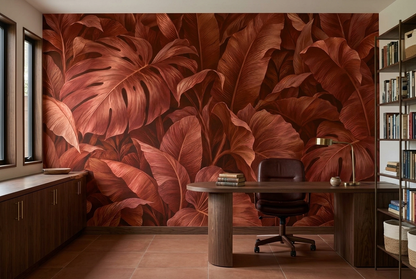 Monstera And Banana Leaves Wallpaper Warm Terracotta Wall Mural