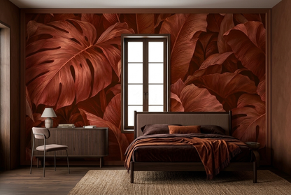 Monstera And Banana Leaves Wallpaper Warm Terracotta Wall Mural