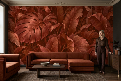Monstera And Banana Leaves Wallpaper Warm Terracotta Wall Mural