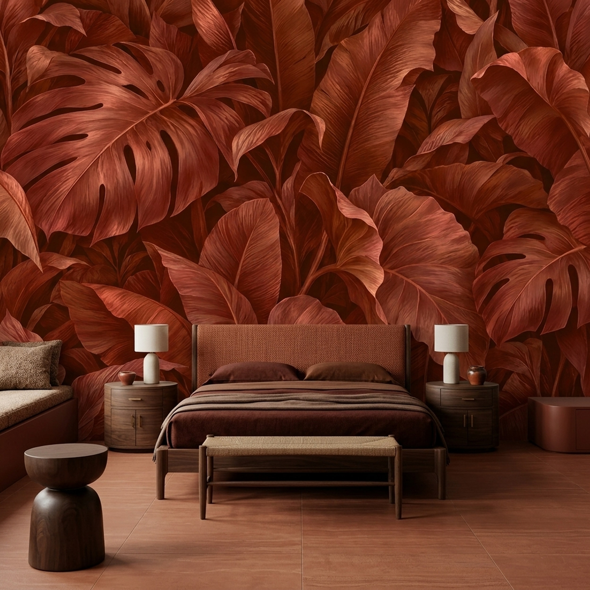 Monstera And Banana Leaves Wallpaper Warm Terracotta Wall Mural