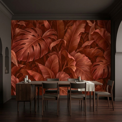 Monstera And Banana Leaves Wallpaper Warm Terracotta Wall Mural