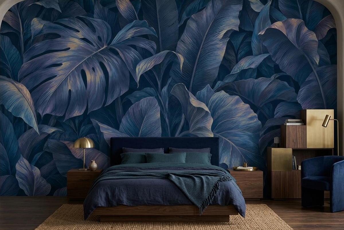 Midnight Blue Tropical Wall Mural with Oversized Monstera Leaves