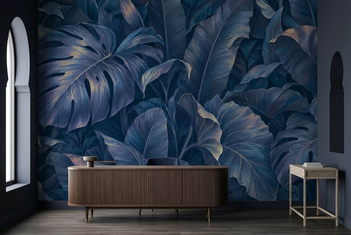Midnight Blue Tropical Wall Mural with Oversized Monstera Leaves