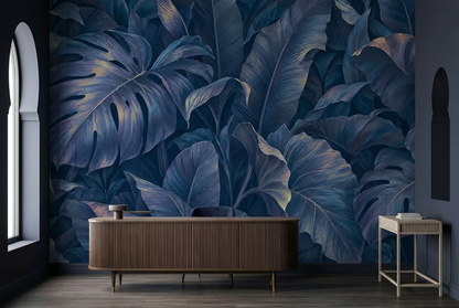 Midnight Blue Tropical Wall Mural with Oversized Monstera Leaves