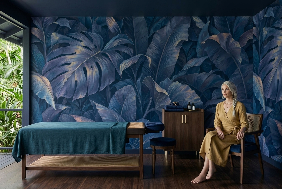 Midnight Blue Tropical Wall Mural with Oversized Monstera Leaves