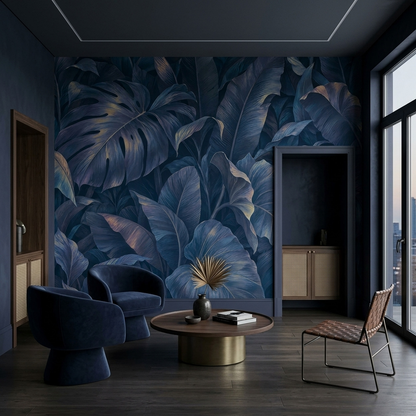 Midnight Blue Tropical Wall Mural with Oversized Monstera Leaves