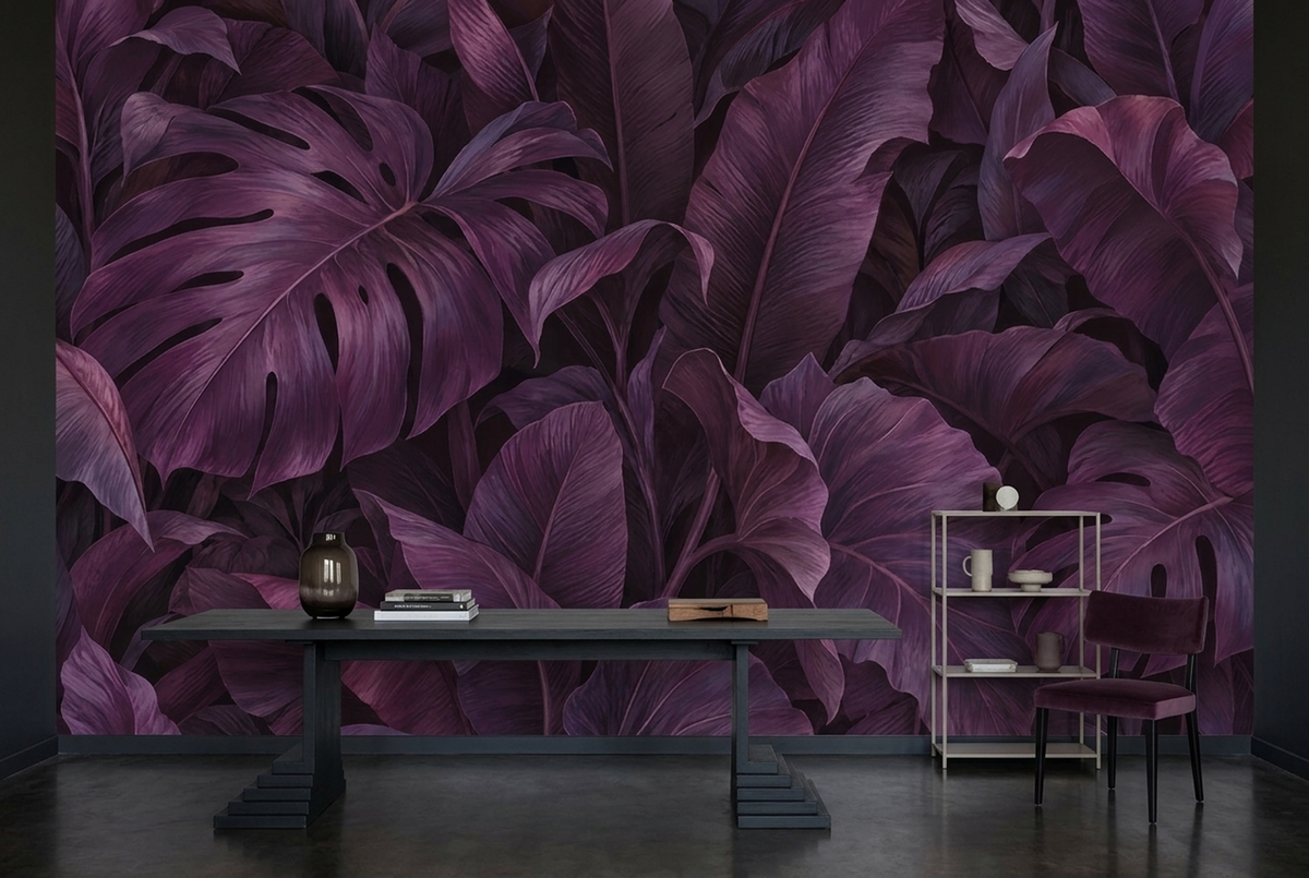 Layered Tropical Leaves Wallpaper Dramatic Purple Wall Mural