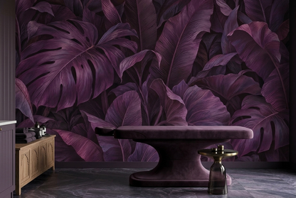 Layered Tropical Leaves Wallpaper Dramatic Purple Wall Mural