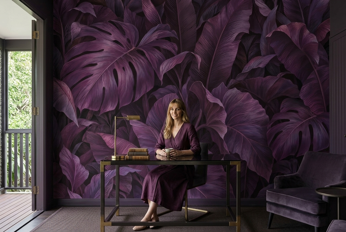 Layered Tropical Leaves Wallpaper Dramatic Purple Wall Mural