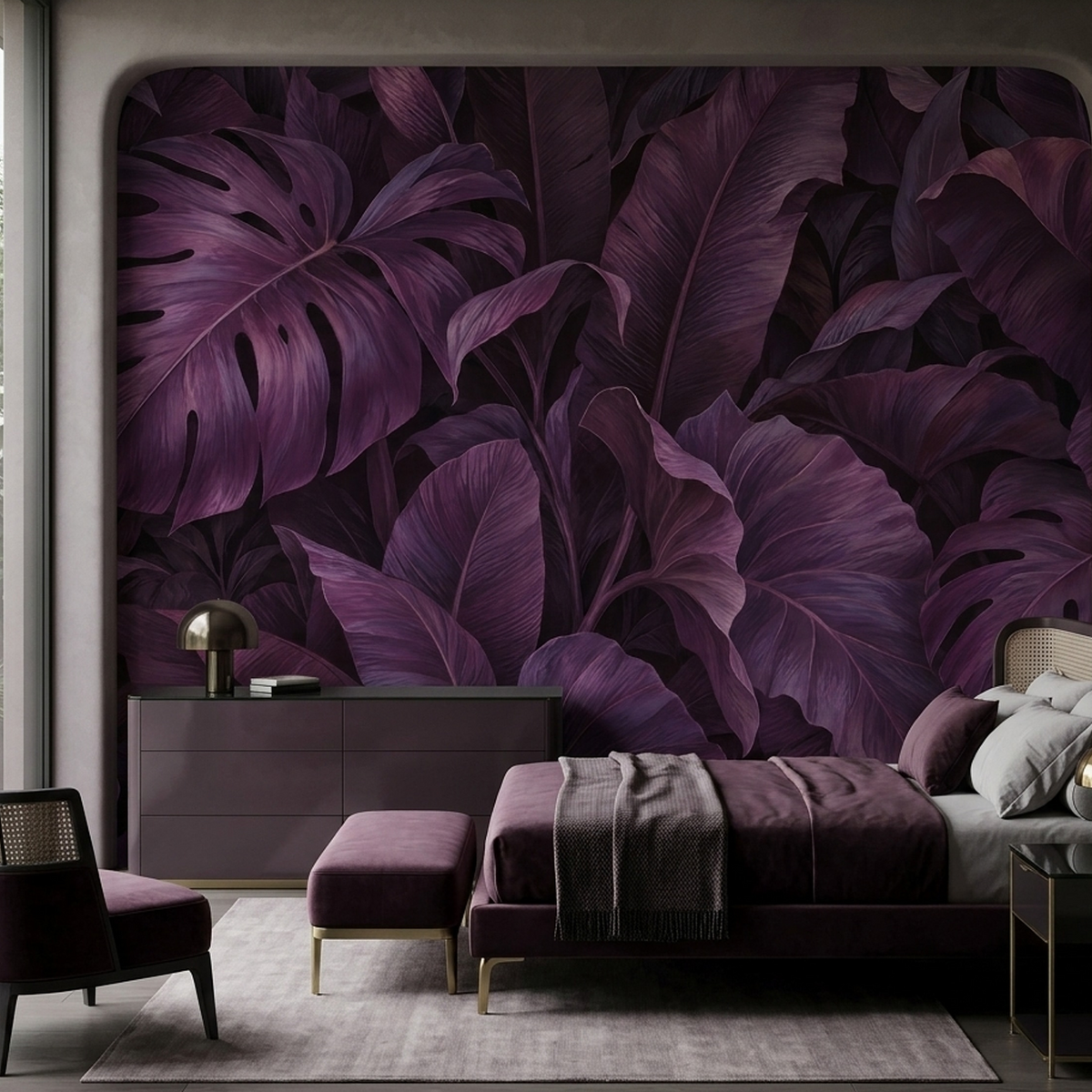 Layered Tropical Leaves Wallpaper Dramatic Purple Wall Mural