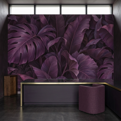 Layered Tropical Leaves Wallpaper Dramatic Purple Wall Mural