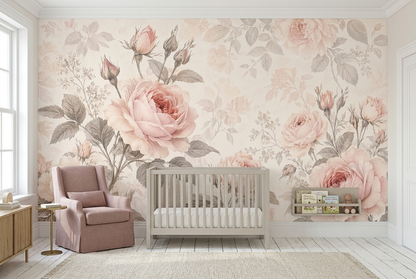 Blush Pink Rose Wall Mural with Vintage Botanicals on Ivory
