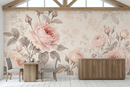 Blush Pink Rose Wall Mural with Vintage Botanicals on Ivory