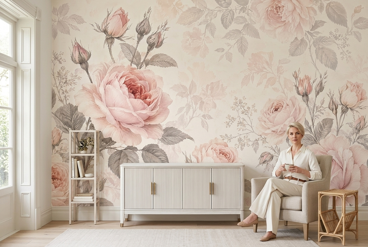 Blush Pink Rose Wall Mural with Vintage Botanicals on Ivory