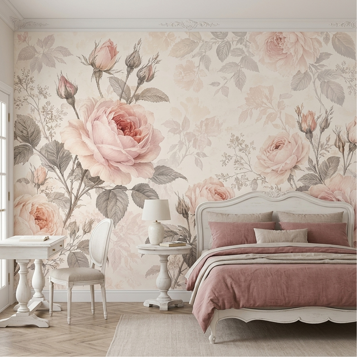 Blush Pink Rose Wall Mural with Vintage Botanicals on Ivory
