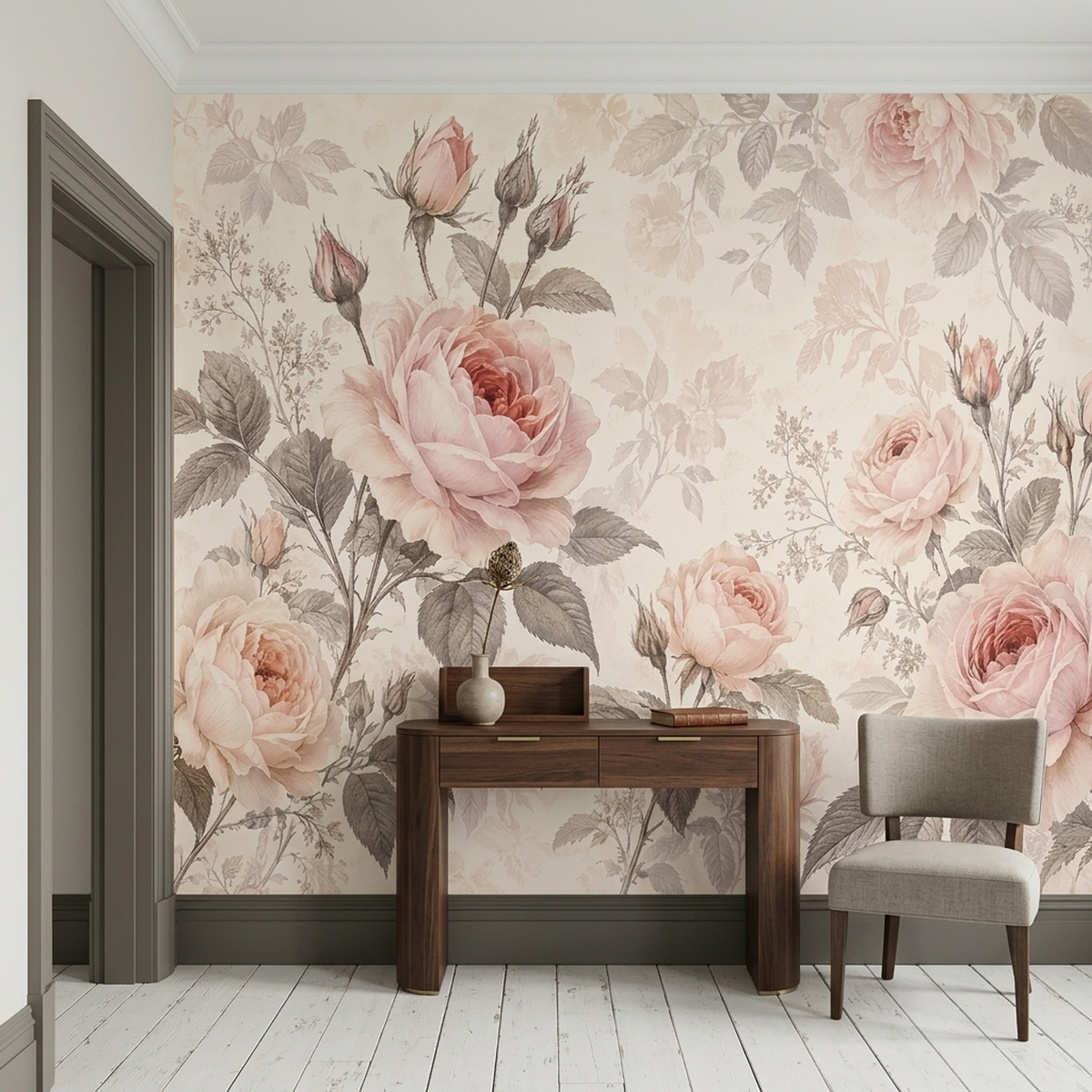 Blush Pink Rose Wall Mural with Vintage Botanicals on Ivory