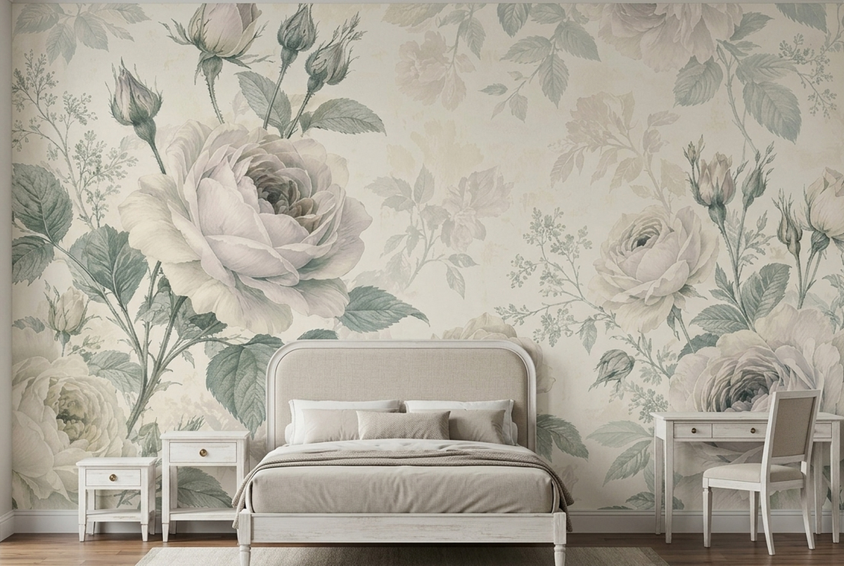 Ivory Rose Wall Mural with Muted Green Leaves in Vintage Botanical Style