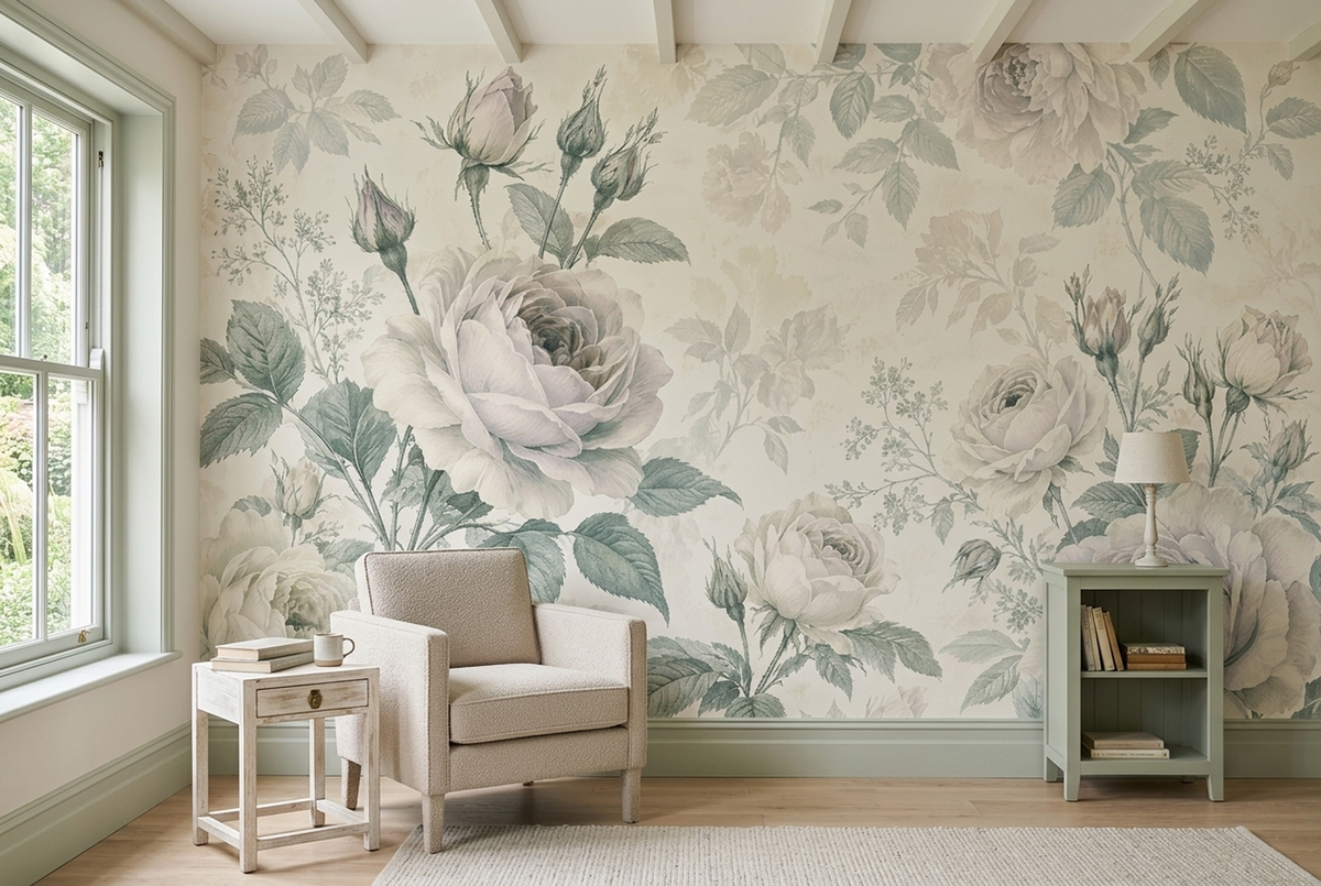 Ivory Rose Wall Mural with Muted Green Leaves in Vintage Botanical Style