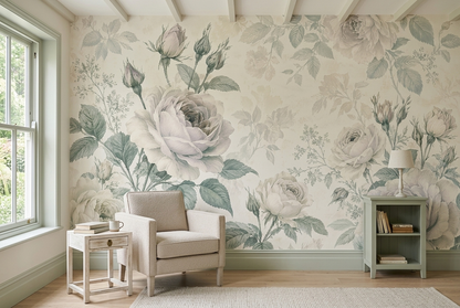 Ivory Rose Wall Mural with Muted Green Leaves in Vintage Botanical Style